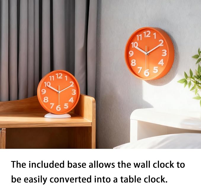 JENLYSTIME 8 Inch Vibrant Orange Modern Wall Clock – Silent Non-Ticking, Bold 3D Numbers, Precise Quartz Movement | Decorative Desk & Wall Clock with Stand for Home, Kitchen, Bedroom, or Office
