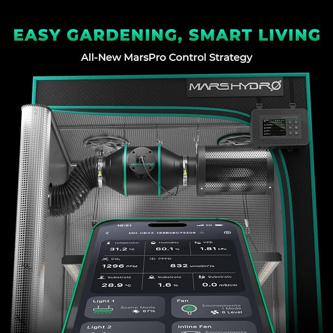 MARS HYDRO 6" Grow Tent Exhaust Fan kit with T&H iControl Controller | Air Filtration Kit, App Remote Control,Ventilation System with Inline Fan,Carbon Filter,13ft Ducting