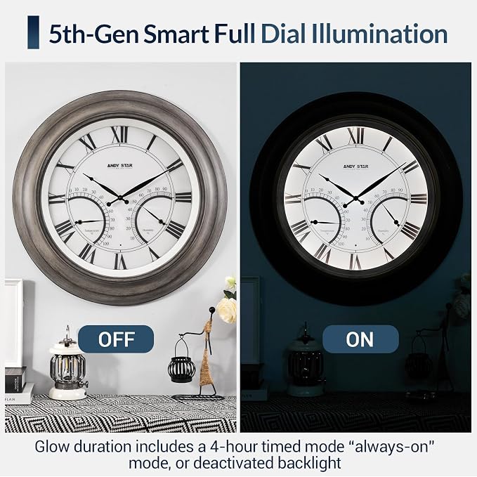 ANDY STAR 24 Inch Outdoor Clocks Waterproof,Large Outdoor Wall Clocks for Garden Patio Pool, Modern Lighted Metal Clock Battery Operated with Thermometer&Hygrometer, Gray Oak Wooden Non Ticking