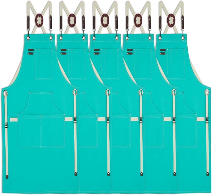 5 Pack Kitchen Aprons, Work Apron, Canvas Apron, Ice Blue | Multiple Pockets, Gardening, Painting, BBQ, Artist, Carpenter, Sizes M to XXL