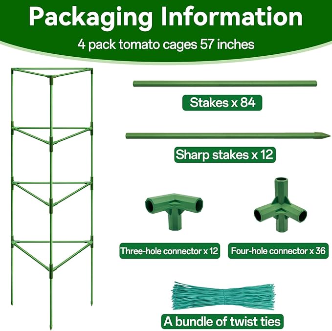 Halatool 57" Tall Tomato Cages, 4 Pack Heavy Duty Plant Support for Garden | Metal Stakes for Raised Beds and Pots, Adjustable Foldable Trellis for Cucumbers, Peppers, Flowers, and Climbing Plants