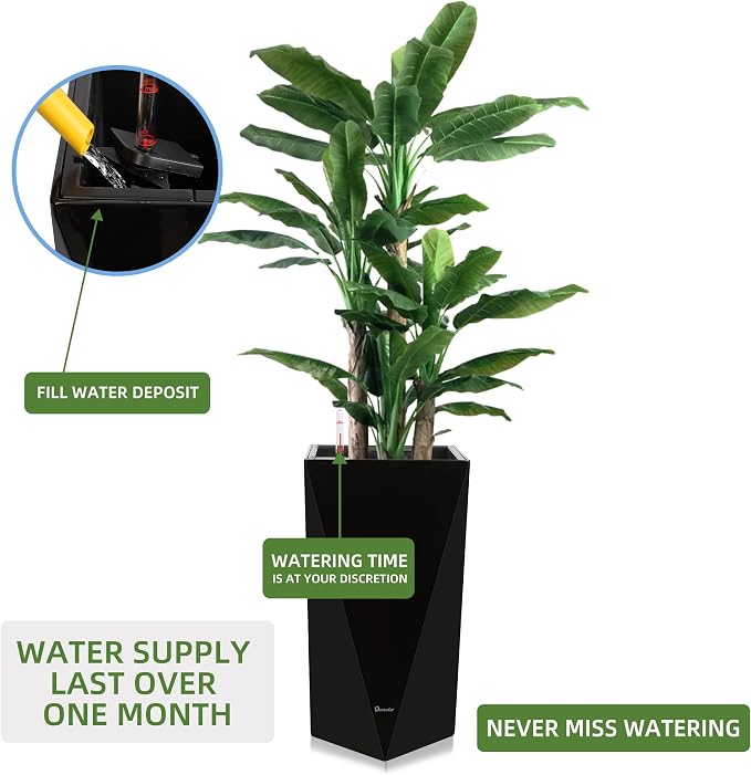 Dexceder 24 Inches Self Watering Tall Planter (Black) | Diamond High Gloss, Thickened Rhombus Large Floor Standing Flower Plant Pot with Water Level Indicator Indoor Outdoor
