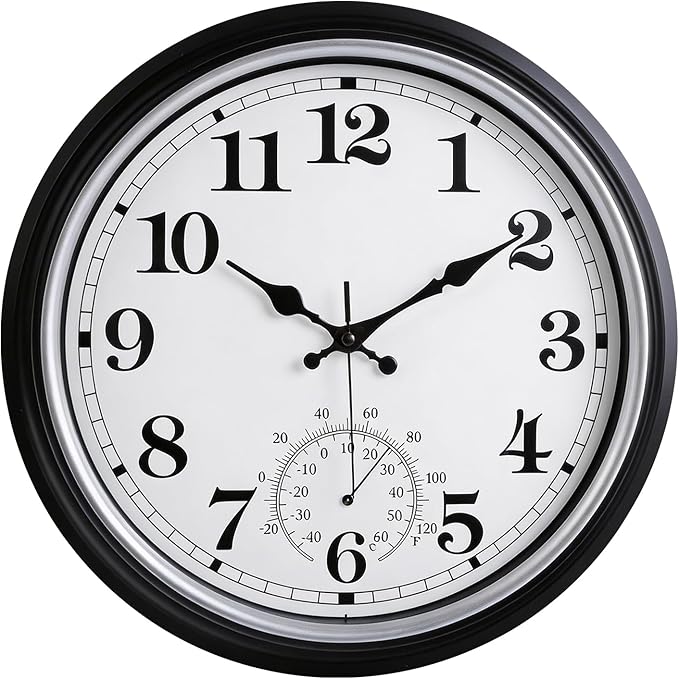 16 Inch Large Outdoor Clock Retro Waterproof Clock Non-Ticking Indoor/Outdoor Wall Clock with Thermometer, Battery Operated for Pool, Patio, Garden, Black