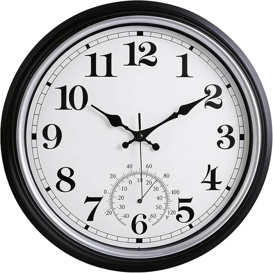 16 Inch Large Outdoor Clock Retro Waterproof Clock Non-Ticking Indoor/Outdoor Wall Clock with Thermometer, Battery Operated for Pool, Patio, Garden, Black