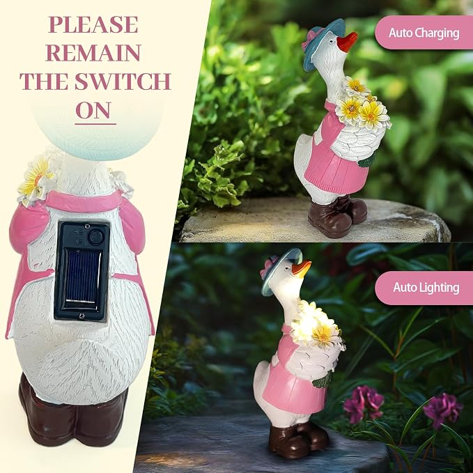 Solar Porch Goose Garden Statue with Glowing Flower, 11.5" Solar Duck Garden Decor for Outdoor, Waterproof Animal Figurine with Auto Light for Yard Lawn Patio - Unique Gift for Mom Grandma Women