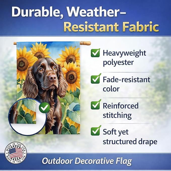 Caroline's Treasures DAC6039CHF Boykin Spaniel in Sunflowers House Flag Large Porch Sleeve Pole Decorative Outside Yard Banner Artwork Wall Hanging, Polyester, House Size, Multicolor