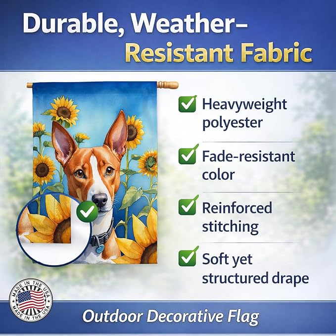 Caroline's Treasures DAC6016CHF Basenji in Sunflowers House Flag Large Porch Sleeve Pole Decorative Outside Yard Banner Artwork Wall Hanging, Polyester, House Size, Multicolor