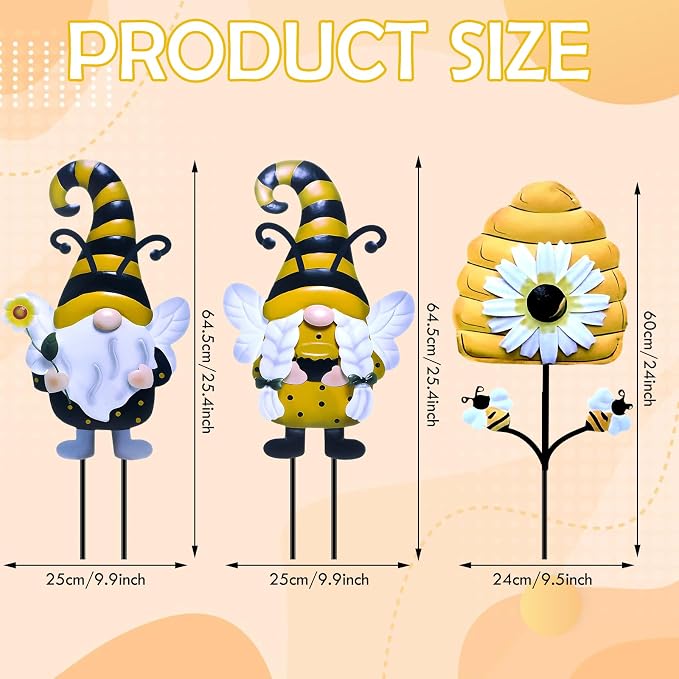Cinnvoice 3 Pcs Bee Metal Gnomes Stakes 25.4'' Decorative Garden Stakes Spring Yard Gnome Decor with Honeycomb for Lawn Patio Yard Outside