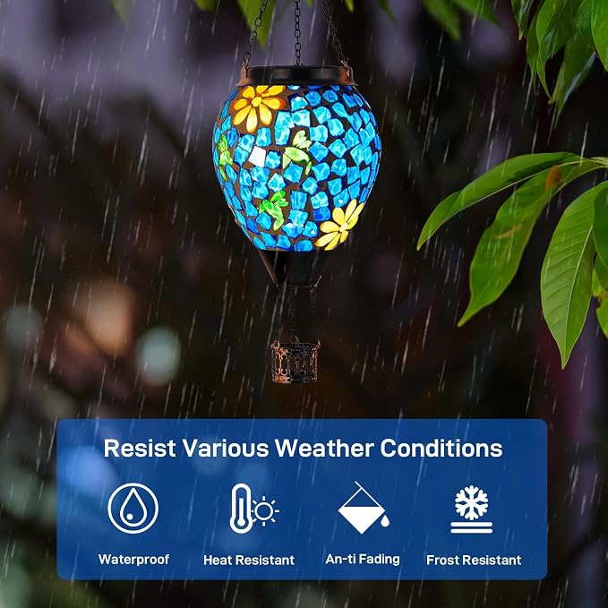 Hummingbird Solar Hot Air Balloon Lantern with Flame, Blue Hanging Mosaic Solar Lantern Outdoor Waterproof, Outdoor Solar Lights for Yard Gardening Gift for Mom Grandma Women