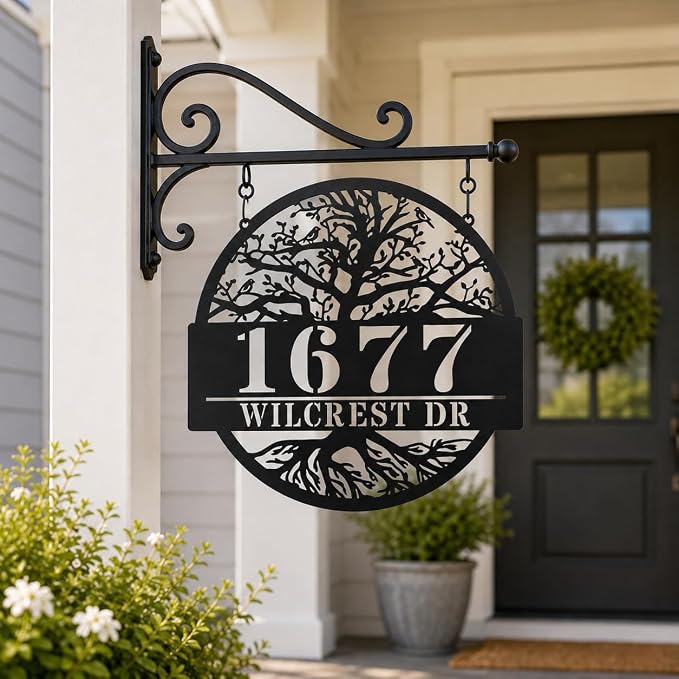 Custom Tree of Life Address Sign, Personalized Metal House Numbers for Outside, Custom Family Name Plate, Weatherproof Wall Decor for Home, Porch, Garden, Yard