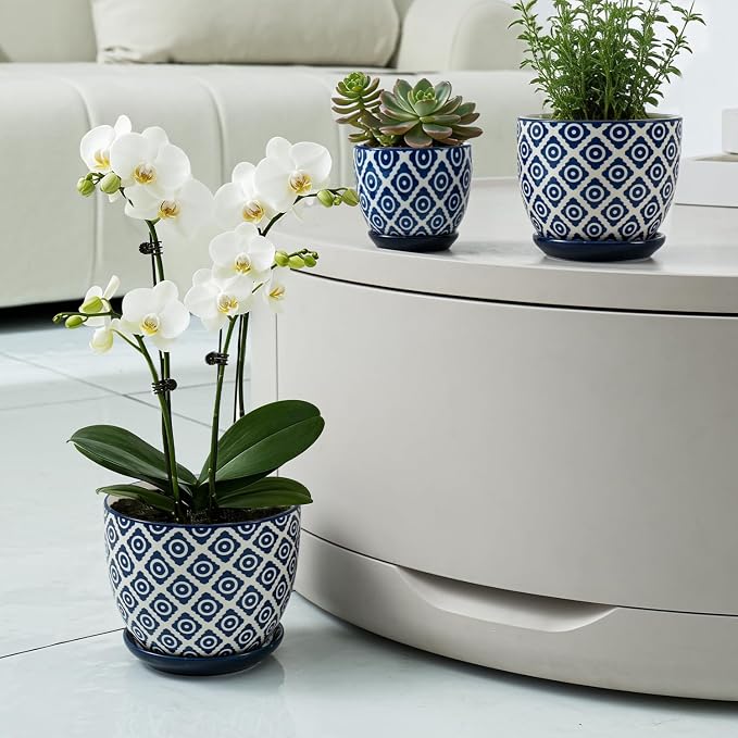 Ceramic Pots for Indoor Plants - 3.5"+4.6"+5.6" Flower Pots with Drainage Holes and Saucers - Succulents Plant Pots for Orchid, Cactus, Pothos, Herbs, Home Office, Set of 3, Vintage Blue, Dot