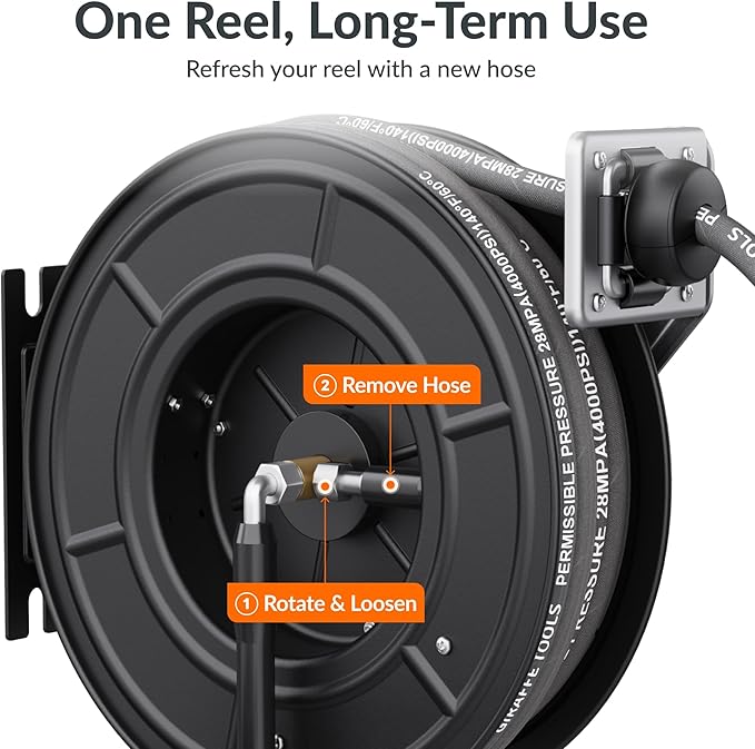 Giraffe Tools Pressure Washer Hose Reel with 60ft Replaceable Hose, Power Washer Retractable Hose Reel, Heavy Duty, Wall/Floor Mounted, 4000 PSI