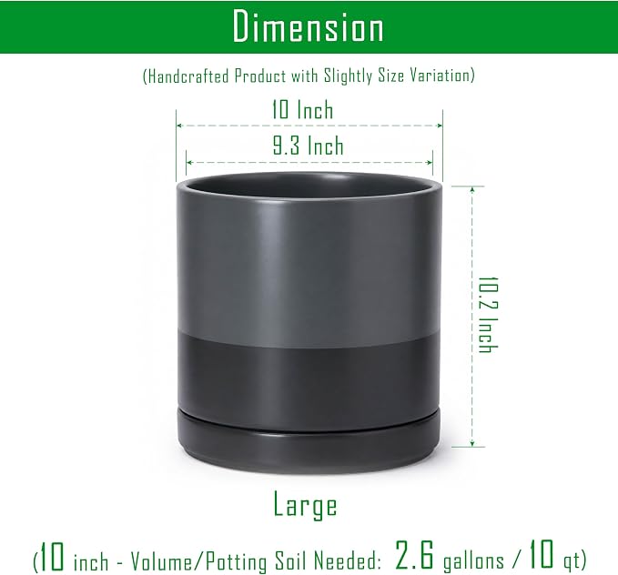 D'vine Dev 10 Inch Ceramic Planter Pot with Drainage Hole and Saucer, Indoor Cylinder Round Planter Pot, Slate, 94-O-E-5