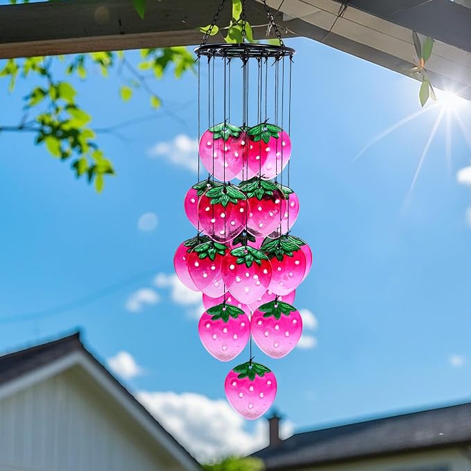 Glass Strawberry Wind Chimes - Hand-Painted Glass Strawberry Suncatcher for Window,Outdoor Garden Decor,Colorful Strawberry Ornaments Hanging Wall Art for Patio,Unique Memorial Gifts for Women & Mom