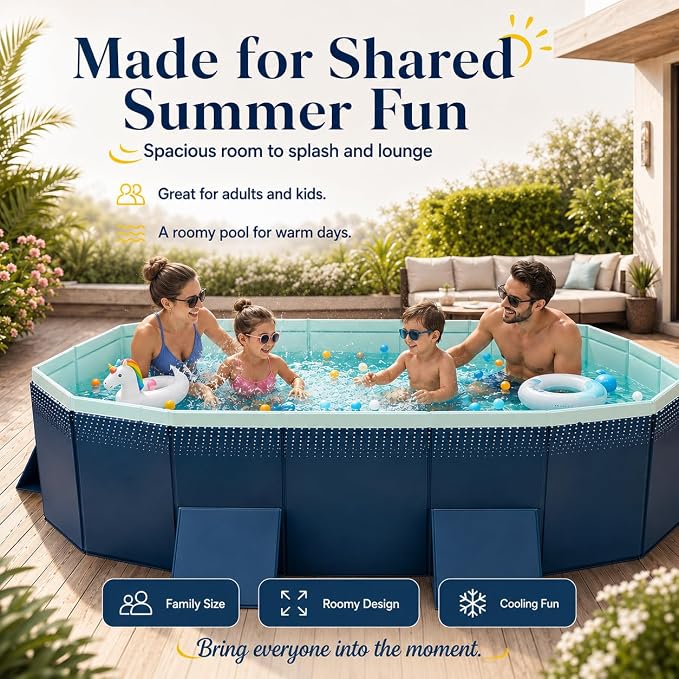 Non-Inflatable PVC Folding Swimming Pool Capacity Outdoor & Indoor Portable Pool for Patio, Garden, Yard, Adult & Family Summer Relaxation (112.59 Inch)