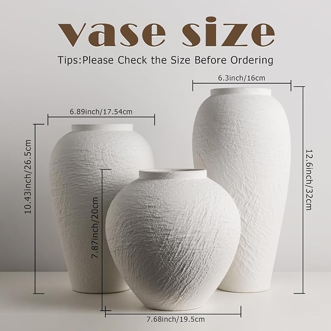 Vintage Ceramic Vase, Minimalist Texture Stone Patterned White Flower Vase, Decorative Vase for Living Room Shelf Farmhouse Dining Table Centerpiece Decor (White Texture Set of 3)
