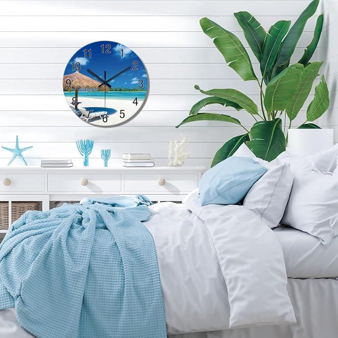 XFM Beach Wall Clock Battery Operated 16 Inch Blue Coastal | Silent Non-Ticking Tropical Summer Nautical Round Decorative for Living Room Kitchen Bedroom Office
