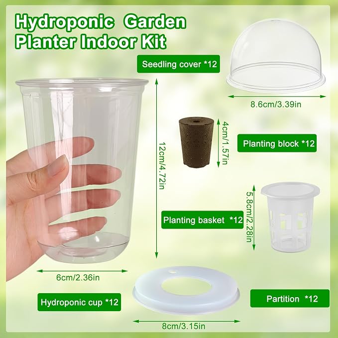 ROIKETU 12 Pack Transparent Hydroponic Cups with Humidity Domes,Hydroponic Growing System for Seedlings,Seed Starting Cups for Seed Starting,Root Monitoring