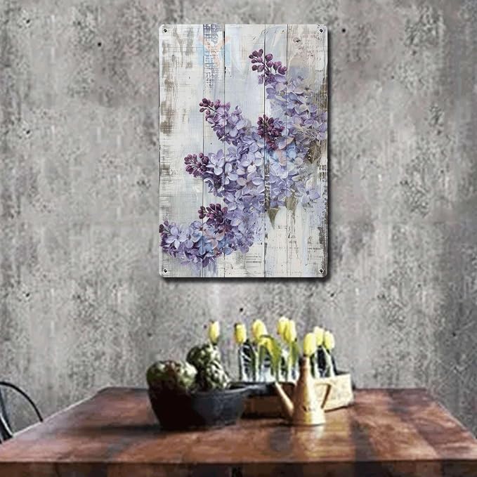 Metal Sign Tin Sign Vintage Wall Art Antique Spring Lilacs Tin Sign for Shabby Chic Gardens Soft Purple Hue Displays and Corrosion Res Bathroom Signs Decor for Club 12×16 Inches