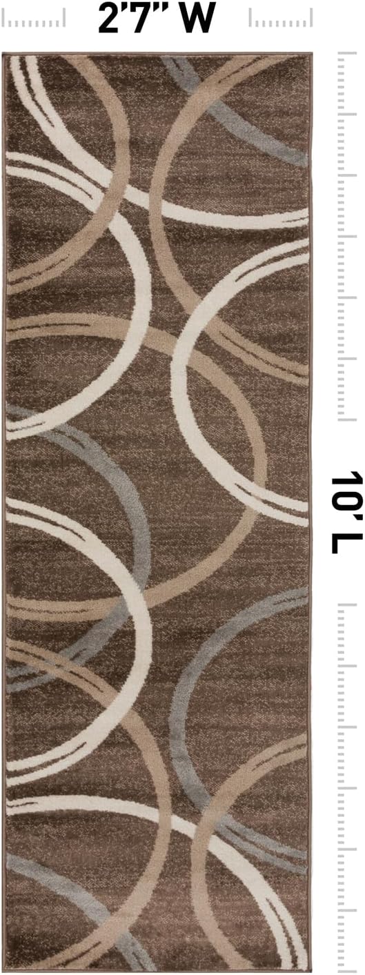 Rugshop Wavy Circles Modern Non-Shedding Runner Rug Brown 2'7" x 10' | Rectangular, Size 2'7" x 10', Living Room, Bedroom, Dining Room, Home Office, Kitchen, Entryway, Hallway, Nursery, Kids Room