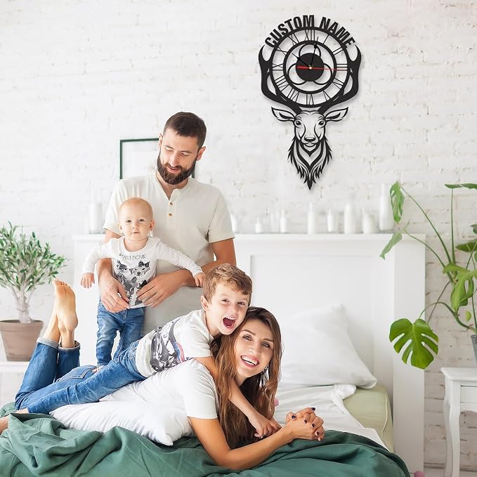 Personalized Indoor Outdoor Wall Clock, Deer Metal Cabin Decor, Custom Name Retro Art Hanging Clock, Hunter Gift, Large Roman Numeral Outdoor Wall Clocks for Patio Farmhouse Living Room Decor