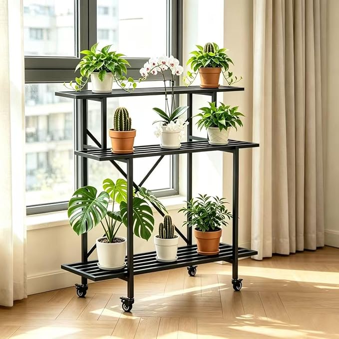 Zhongma 3 Tier Sturdy Plant Stand with Wheels, Heavy Duty Plant Holder for Home Indoor and Outdoor, L35.43 xW17.32 x H41.73 inch
