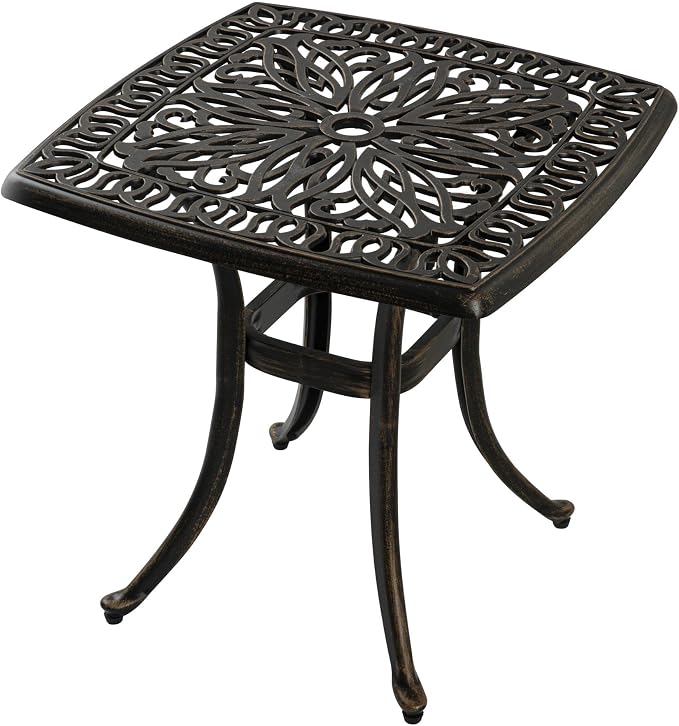 Outdoor Cast Aluminum Side Table End Table for Patio, Backyard, Pool, Indoor Companion, Easy Maintenance and Weather Resistant, Bronze