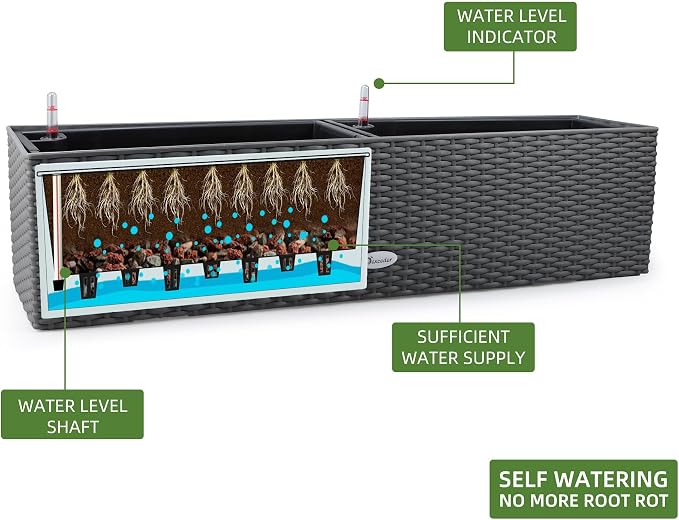 Dexceder 31.5 Inch Self Watering Rail Window Box with Bracket (Deep Gray) | Thickened Large Rattan Planter Flower Plant Pot with Water Level Indicators Indoor Outdoor