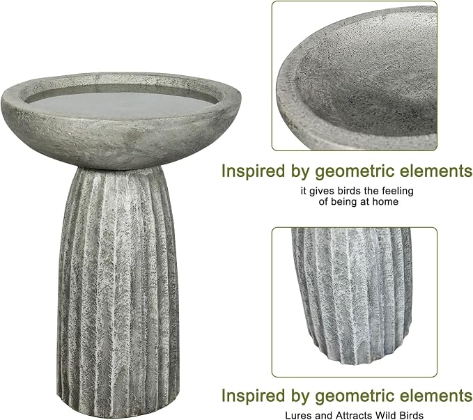 SKYFIRE 24.4" Pedestal Bird Bath for Outdoor, Geometric Fluted Concrete Birdbath with Tree Trunk Decor, Durable Fibre Reinforced Birdbath for Garden, Patio, Lawn & Backyard