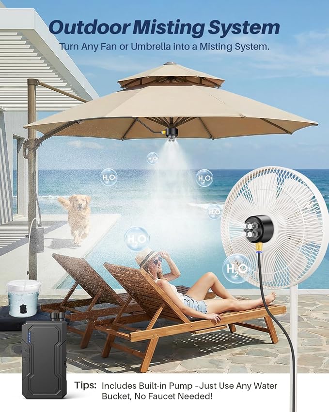Portable Misting System with Water Pump, 6000mAh Outdoor Misters for Outside Patio, Magnetic Water Cooling Fan Misters Set for Patio, Industrial Fan, Canopy, Sports, Greenhouse, Beach, Dugout, Camping
