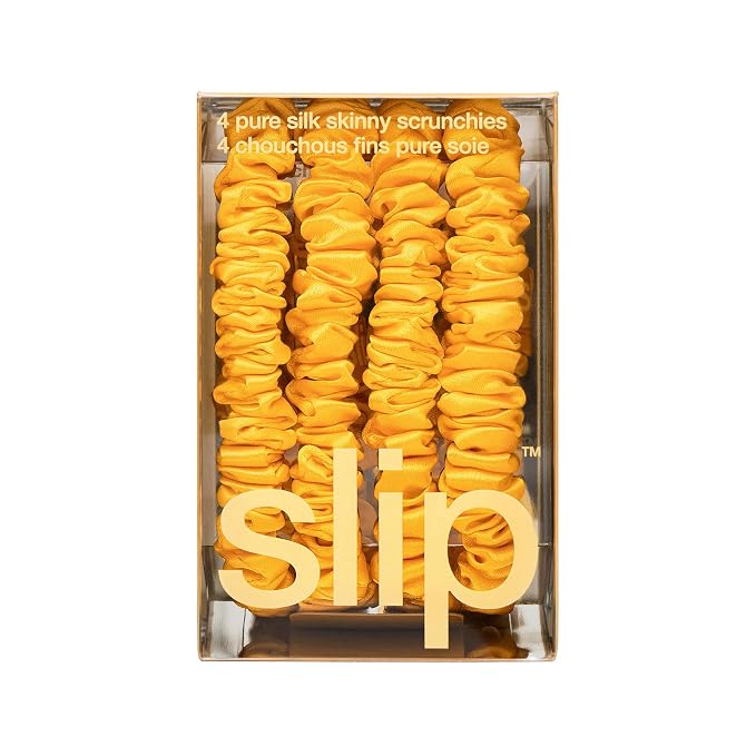 Slip Silk Hair Ties — Skinny Silk Golden Scrunchies, No Damage, No Crease, Anti-Breakage |100% Mulberry Silk | All Hair Types | Made with Proprietary Slipsilk™ | Set of 4