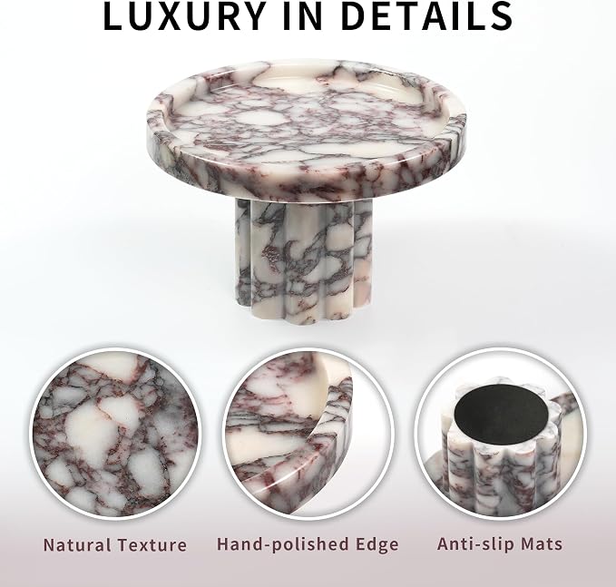 Marble Perfume Tray with Legs - Round Decorative Stone Pedestal for Bathroom Vanity Coffee Table Kitchen Countertop, Footed Jewelry Candle Organizers Catchall Plate Riser with A Scalloped Leg