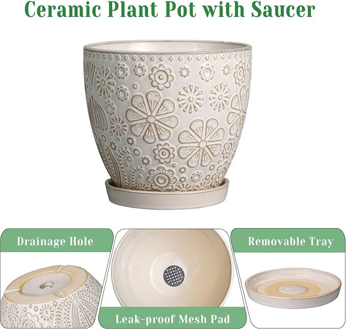 MPotTo Ceramic Planter 8 Inch Plant Pot with Drainage Hole and Saucer Ceramic Pots for Indoor Plants Outdoor Large Flower Pot for Home Decor White