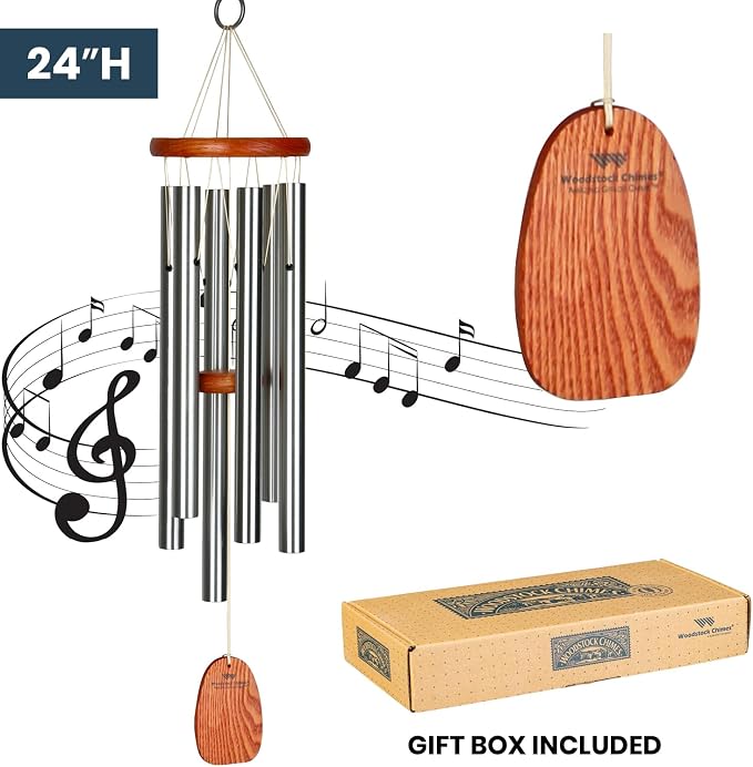 Woodstock Wind Chimes Original Amazing Grace Chime, Memorial Chimes for Outside, Outdoor Decor for Patio, Porch, Garden, Sympathy Chime, Silver, 24"