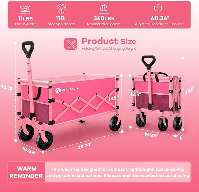 Originsure Collapsible Wagon Cart Foldable - Lightweight Portable Heavy Duty Folding Beach Wagons with Wheels - Outdoor Utility Carts for Grocery, Camping, Shopping with Large Capacity - Pink