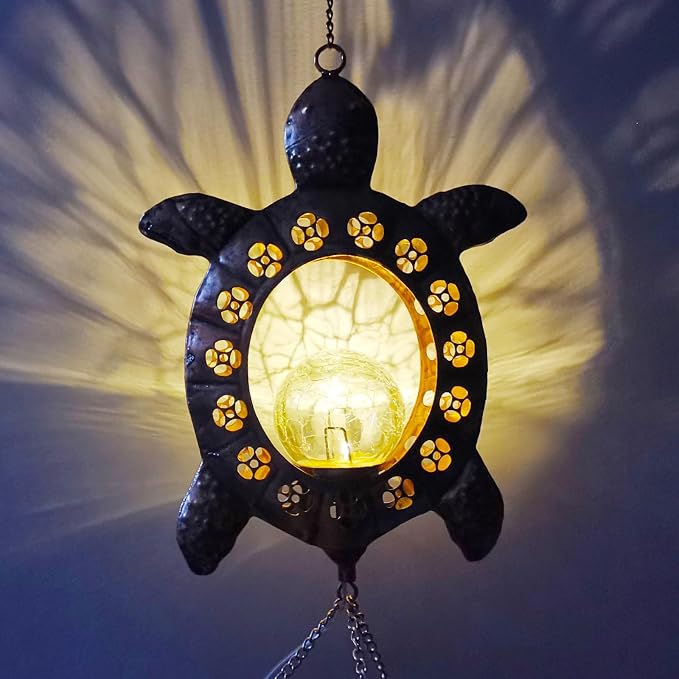 Sea Turtle Solar Lights Outdoor Decor Crackle Glass Ball Solar Turtle Wind Chimes for Outside Unique Gifts for Women Birthday Gardening Gift Housewarming Ornament for Patio Yard Garden Decor