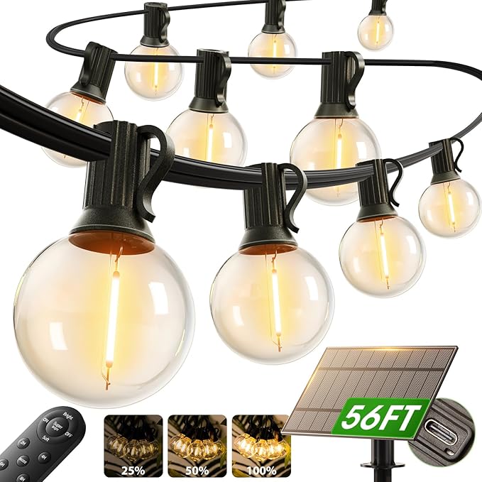 addlon 50FT Solar String Lights Outdoor Waterproof with Remote, G40 Globe Solar Patio Light with 27 LED Shatterproof Bulbs, 3 Modes, Dimmable Hanging for Outside Backyard Party