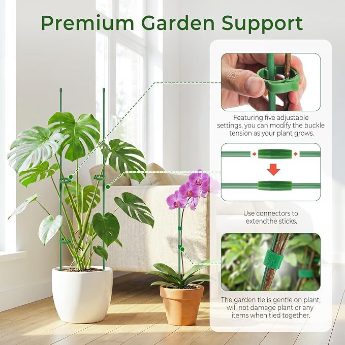 30 Pcs Plant Support Stakes Height Adjustable (17.7, Inches) | Garden Single Stem Plant Stake with 60 Pcs Plant Clips and 20 Pcs Connect Pipe for Orchid Rose Peony Peppers Amaryllis Tomato