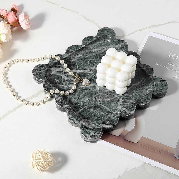 Marble Decorative Tray, Green Square Scalloped Vanity Tray for Coffee Table Decor, Vintage Jewelry Trinket Dish for Rings Earrings, Unique Natural Necklaces Holder for Mom, Nightstand Tray