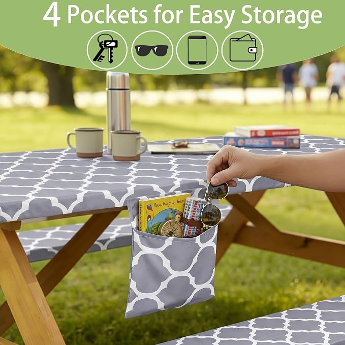 Fitted Waterproof Picnic Table Cover with Bench Covers Elastic Polyester 96In Camping Tablecloths for 8Foot Rectangle Tables Summer Fall Glamping Roadtrip Stuff Festival Vacation Items Gift