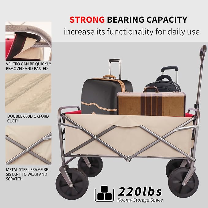 Folding Wagon Cart Beach Wagon Utility Wagon Cart Outdoor Heavy Duty Garden Portable Hand Cart with All-Terrain Wheels & Adjustable Handle (White+Red)
