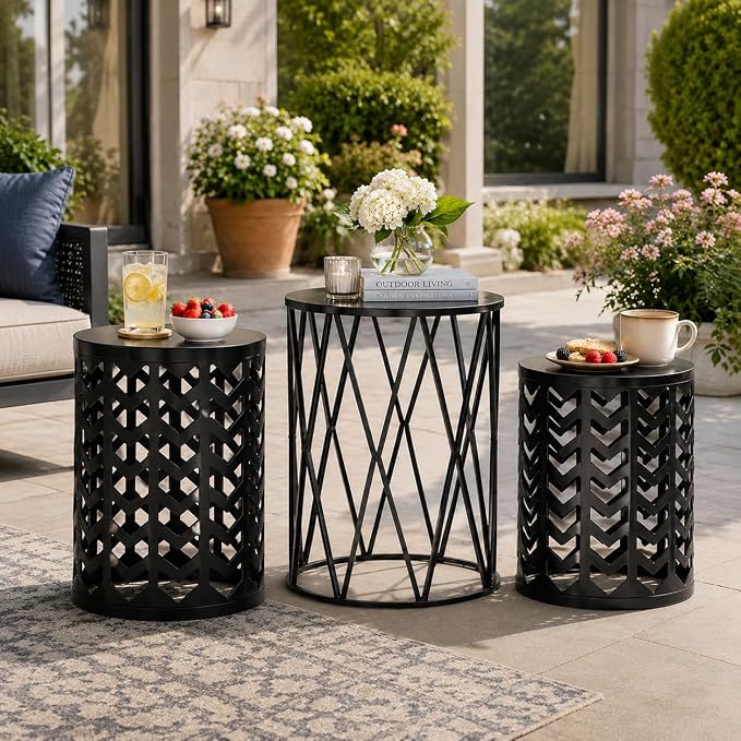 Y&M Outdoor Side Tables Set of 3, Round Metal Nesting Patio End Tables, Heavy Duty Stacking Accent Tables for Patio, Balcony, Garden, Porch, Indoor & Outdoor, Black