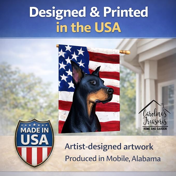 Caroline's Treasures CK6504CHF Doberman Pinscher Dog American Flag House Flag Large Porch Sleeve Pole Decorative Outside Yard Banner Artwork Wall Hanging, Polyester, House Size, Multicolor
