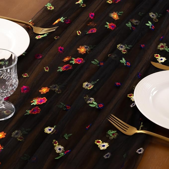 Socomi Flower Table Runner Summer Daisy Floral Tulle Gauze Cheesecloth Embroidery Table Runners for Tea Party Garden Wedding Bridal Baby Shower Birthday Picnic Decor Black 1pc