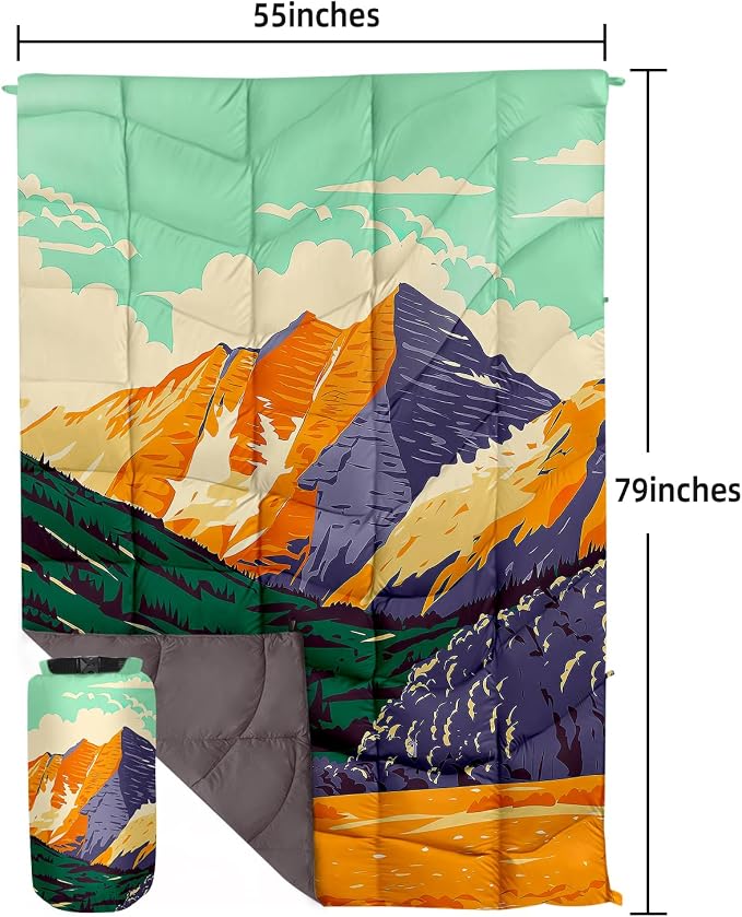 Outdoor Puffy Camping Blanket, Lightweight Down Alternative Puffy Printed Camping Large Ultra Warm Hammock Top Quilt Waterproof Blanket for Traveling Picnic Beach Party Cold Weather (Peak)