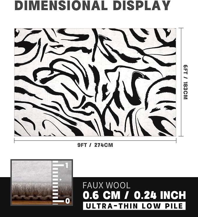 Modern Rugs 6x9, Washable Black and White Area Rug, Thin Abstract Geometric Minimalist Striped Rug, Black Rugs for Living Room,Bedroom,Kitchen,Dining Room,Office