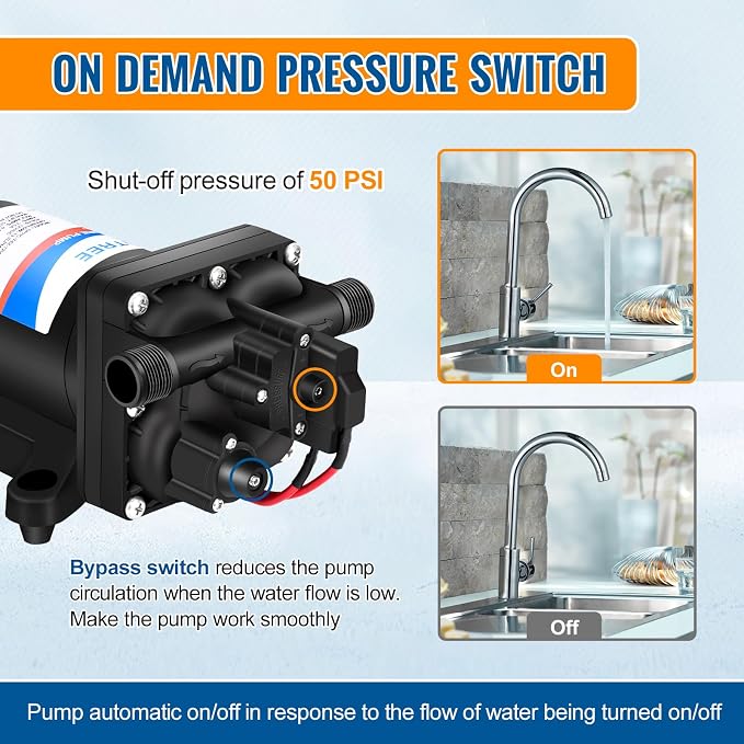 YOUNGTREE 12V RV Water Pump 3.5GPM 55PSI On Demand Fresh Water Pressure Diaphragm Pump 12 Volt Self Priming with Pressure Switch for RV Camper Marine Sprayer Outdoor Shower Kitchen Garden