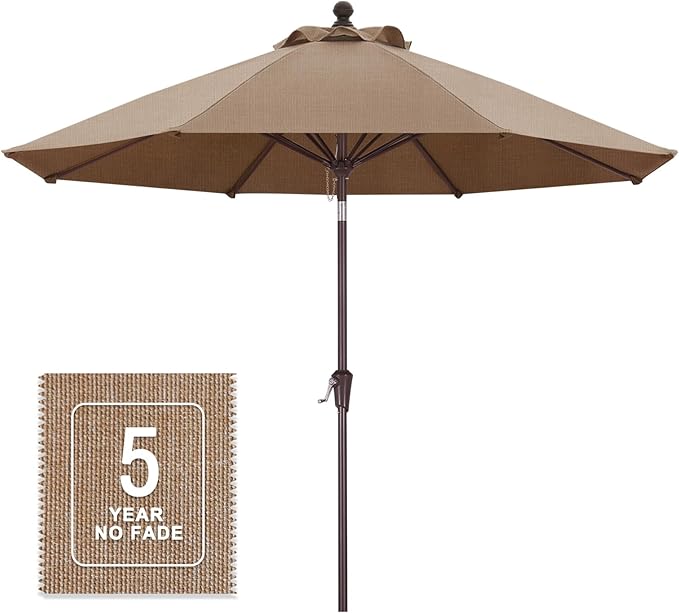 MASTERCANOPY Olefin 5-Year-Non-Fading 9ft Patio Umbrella with Tilt and Crank, Large UV Resistant Outdoor Table Umbrella with 8 Fiberglass Ribs for Deck, Yard & Market, Khaki