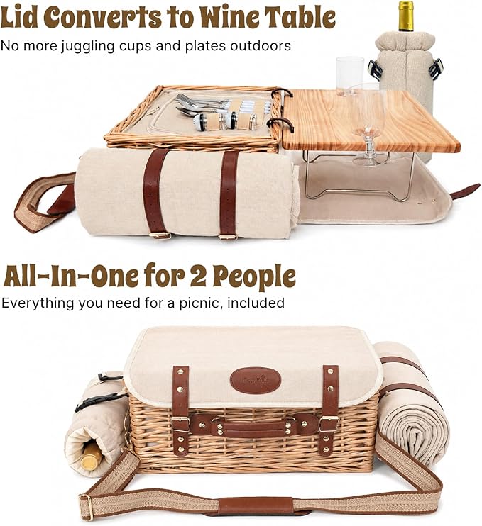 Hap Tim Multifunctional Wicker Picnic Basket Set for 2 with Picnic Table & Blankets, Gifts for Couple, Engagement, Wedding, Bridal Shower, Family, White Elephant(Y2604)