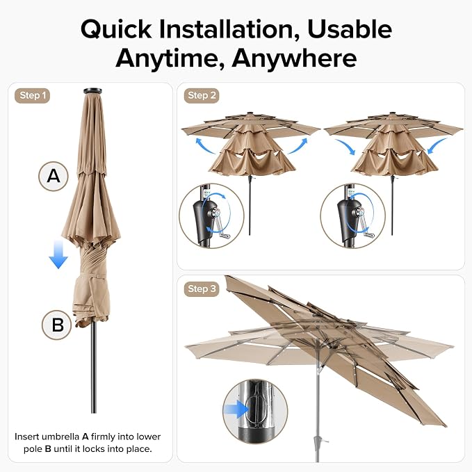 NEWBULIG 10ft Solar Patio Umbrella with 32 LED Lights, Table Market Umbrella with Tilt Adjustment & Crank Lift, Outdoor Sun Umbrella for Garden, Deck, Backyard, Pool and Beach
